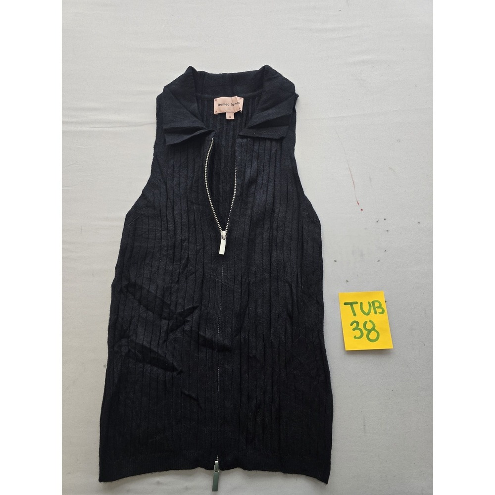 Romeo Romeo Black Ribbed Knit Sleeveless Zip Front Collared Top Small